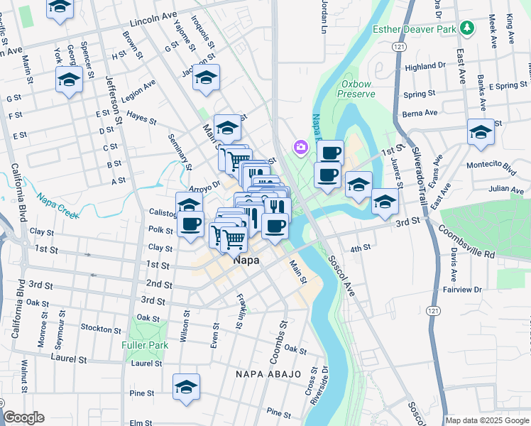 map of restaurants, bars, coffee shops, grocery stores, and more near 1012 1st Street in Napa