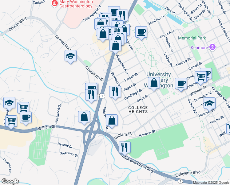 map of restaurants, bars, coffee shops, grocery stores, and more near 1411 Payne Street in Fredericksburg
