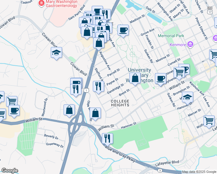 map of restaurants, bars, coffee shops, grocery stores, and more near 1415 Stafford Avenue in Fredericksburg
