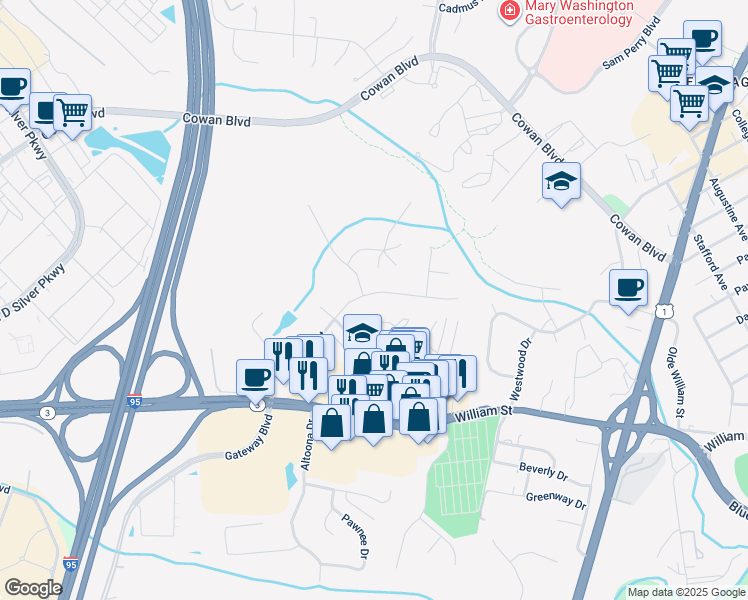 map of restaurants, bars, coffee shops, grocery stores, and more near 1102 Century Oak Drive in Fredericksburg