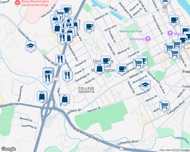 map of restaurants, bars, coffee shops, grocery stores, and more near 1217 Brent Street in Fredericksburg