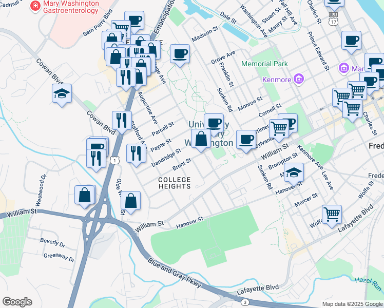 map of restaurants, bars, coffee shops, grocery stores, and more near 1217 Brent Street in Fredericksburg
