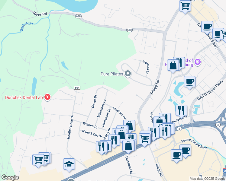 map of restaurants, bars, coffee shops, grocery stores, and more near 1702 Clover Drive in Fredericksburg