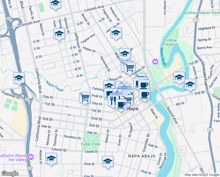 map of restaurants, bars, coffee shops, grocery stores, and more near 1362 Calistoga Avenue in Napa