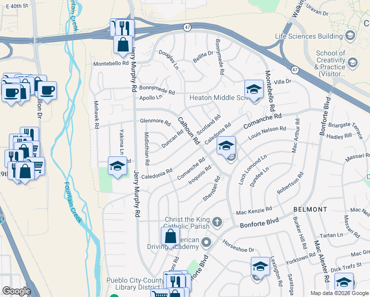 map of restaurants, bars, coffee shops, grocery stores, and more near 37 Caledonia Road in Pueblo