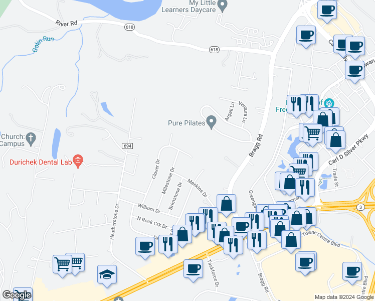 map of restaurants, bars, coffee shops, grocery stores, and more near 1702 Clover Drive in Fredericksburg