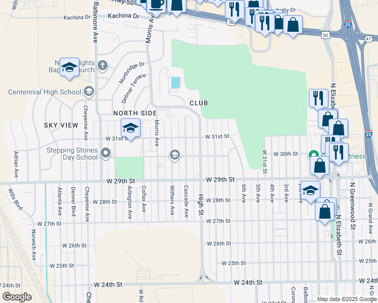 map of restaurants, bars, coffee shops, grocery stores, and more near 3004 Cascade Avenue in Pueblo