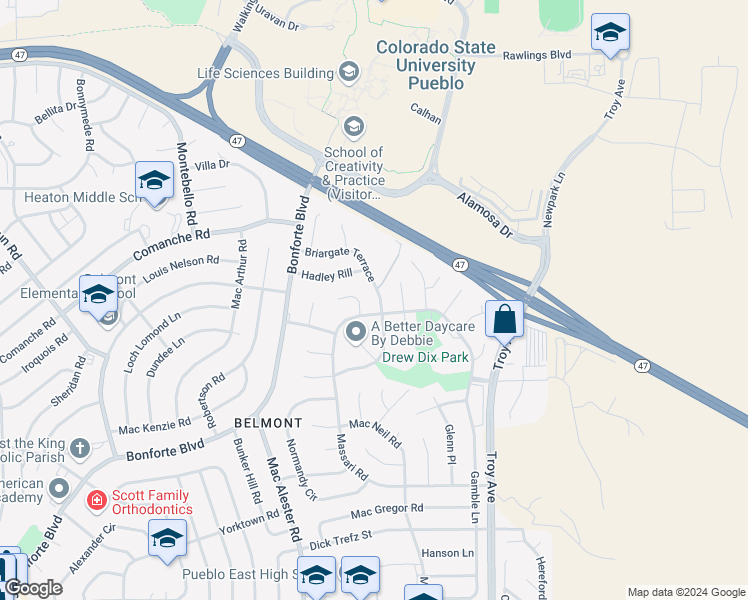 map of restaurants, bars, coffee shops, grocery stores, and more near 33 Briargate Terrace in Pueblo