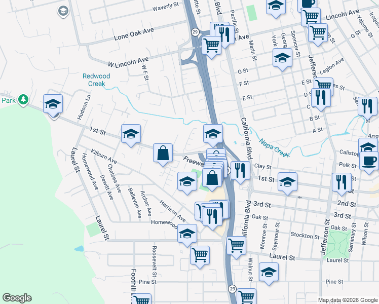 map of restaurants, bars, coffee shops, grocery stores, and more near 2598 1st Street in Napa