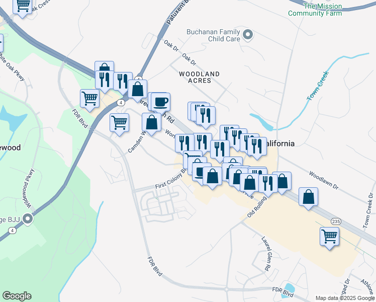 map of restaurants, bars, coffee shops, grocery stores, and more near 45035 Worth Avenue in California