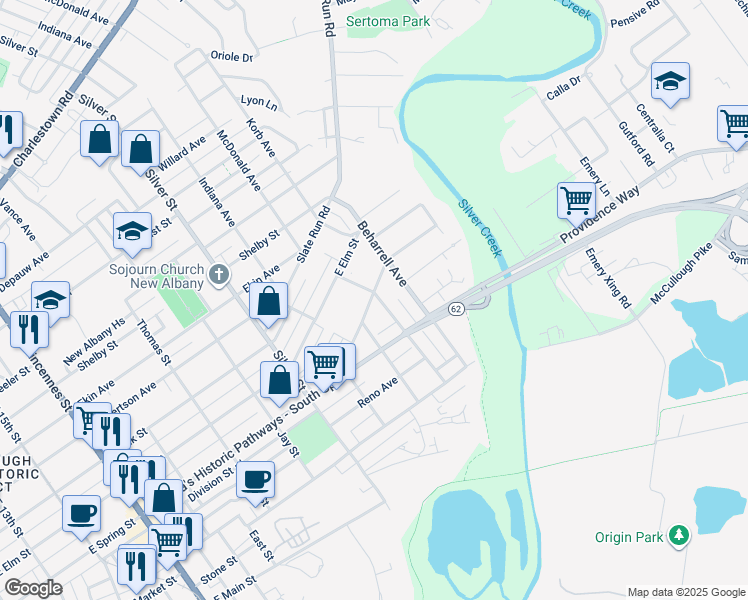 map of restaurants, bars, coffee shops, grocery stores, and more near 427 Woodrow Avenue in New Albany