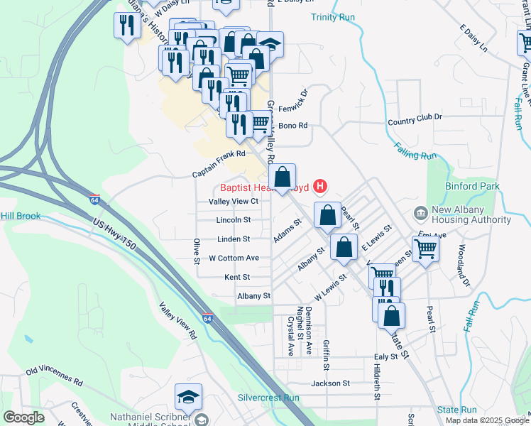 map of restaurants, bars, coffee shops, grocery stores, and more near 1915 West Street in New Albany