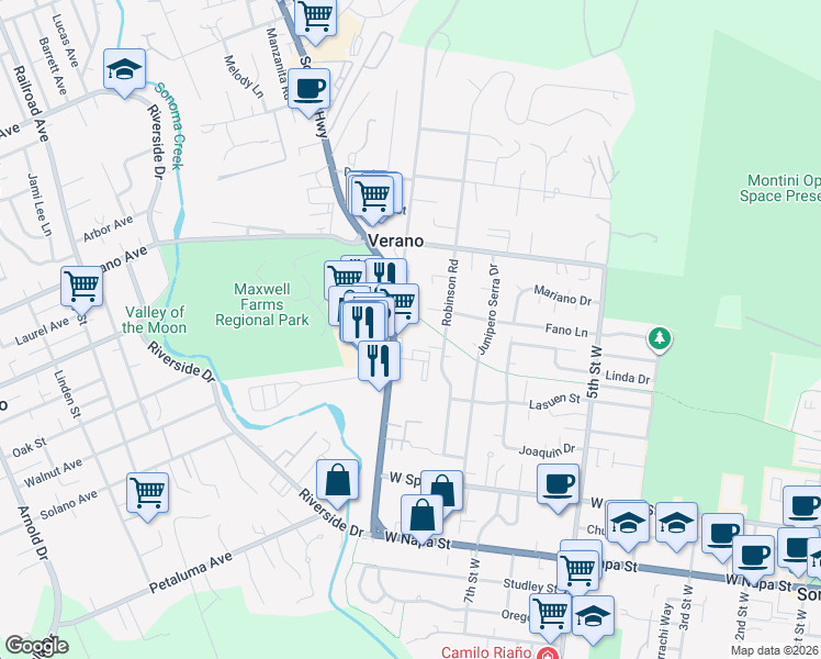 map of restaurants, bars, coffee shops, grocery stores, and more near 19230 Sonoma Highway in Sonoma