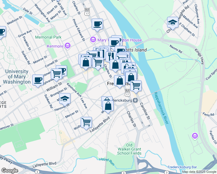 map of restaurants, bars, coffee shops, grocery stores, and more near 703 Prince Edward Street in Fredericksburg