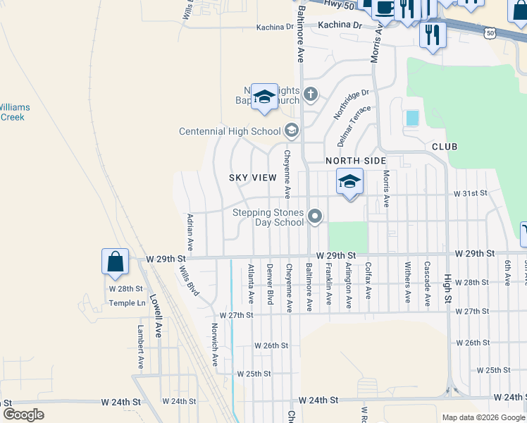 map of restaurants, bars, coffee shops, grocery stores, and more near 2349-2399 West 30th Street in Pueblo