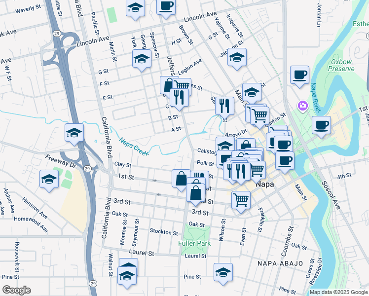 map of restaurants, bars, coffee shops, grocery stores, and more near 1251 Jefferson Street in Napa