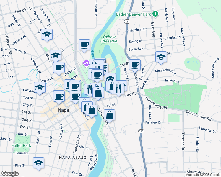 map of restaurants, bars, coffee shops, grocery stores, and more near in Napa