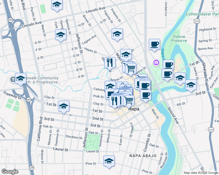 map of restaurants, bars, coffee shops, grocery stores, and more near 1377 Calistoga Avenue in Napa