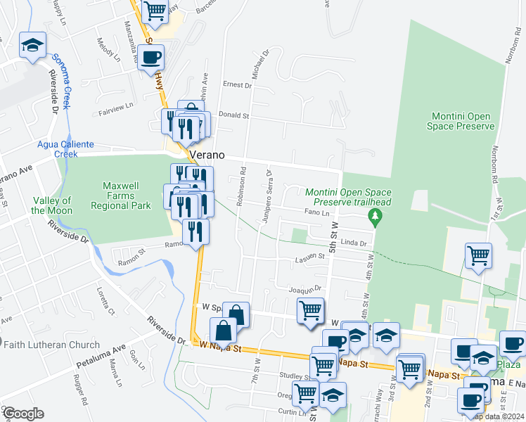 map of restaurants, bars, coffee shops, grocery stores, and more near 19105 Junipero Serra Drive in Sonoma