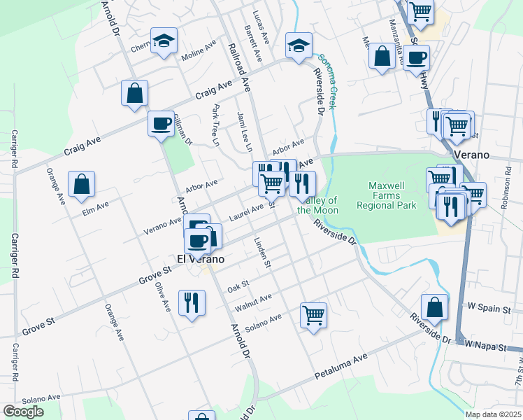 map of restaurants, bars, coffee shops, grocery stores, and more near 19067 Linden Street in Sonoma