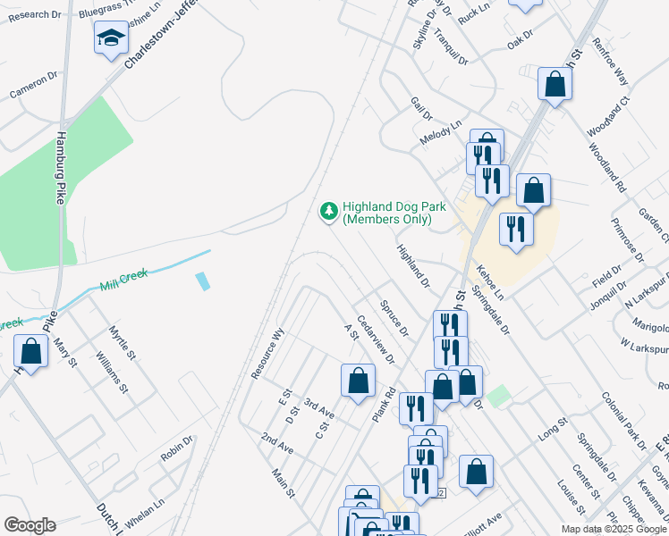 map of restaurants, bars, coffee shops, grocery stores, and more near 1221 Cedarview Drive in Jeffersonville