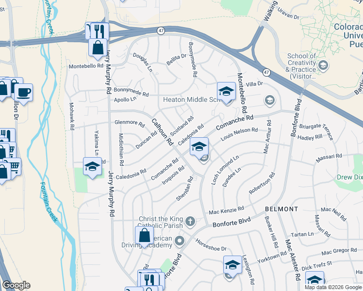 map of restaurants, bars, coffee shops, grocery stores, and more near Calhoun Road in Pueblo
