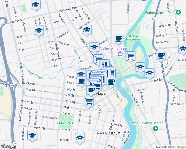 map of restaurants, bars, coffee shops, grocery stores, and more near 1122 1st Street in Napa