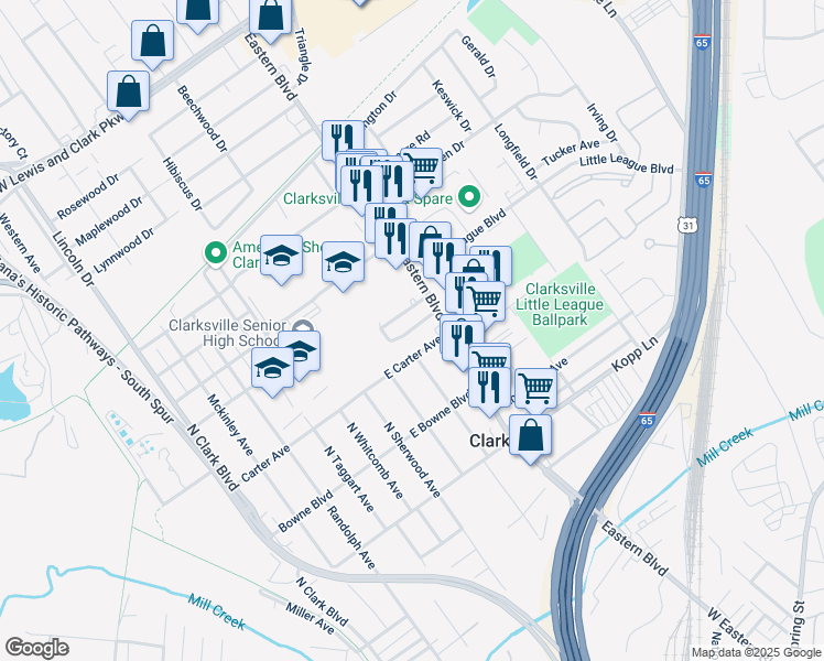 map of restaurants, bars, coffee shops, grocery stores, and more near 225 East Carter Avenue in Clarksville