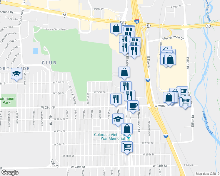 map of restaurants, bars, coffee shops, grocery stores, and more near 3010 2nd Avenue in Pueblo