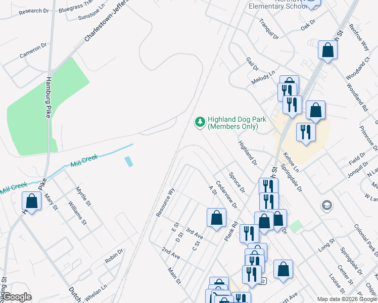 map of restaurants, bars, coffee shops, grocery stores, and more near 1231 Cedarview Drive in Jeffersonville