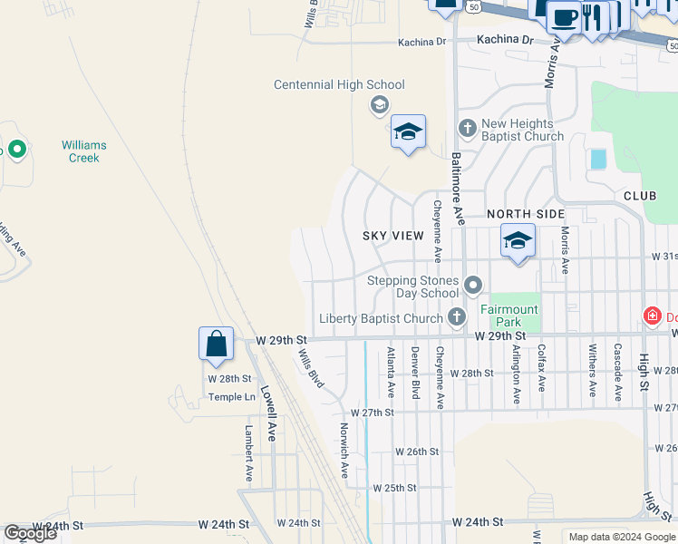 map of restaurants, bars, coffee shops, grocery stores, and more near 3102 Norwich Avenue in Pueblo