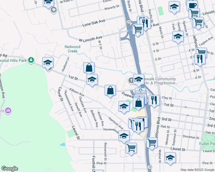 map of restaurants, bars, coffee shops, grocery stores, and more near 2632 1st Street in Napa