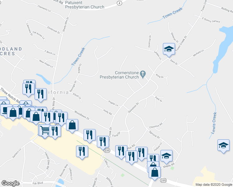 map of restaurants, bars, coffee shops, grocery stores, and more near 100 Camelot Court in Lexington Park