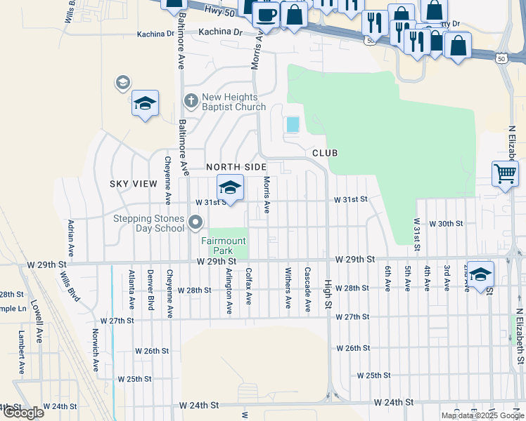 map of restaurants, bars, coffee shops, grocery stores, and more near 3108 Colfax Ave in Pueblo