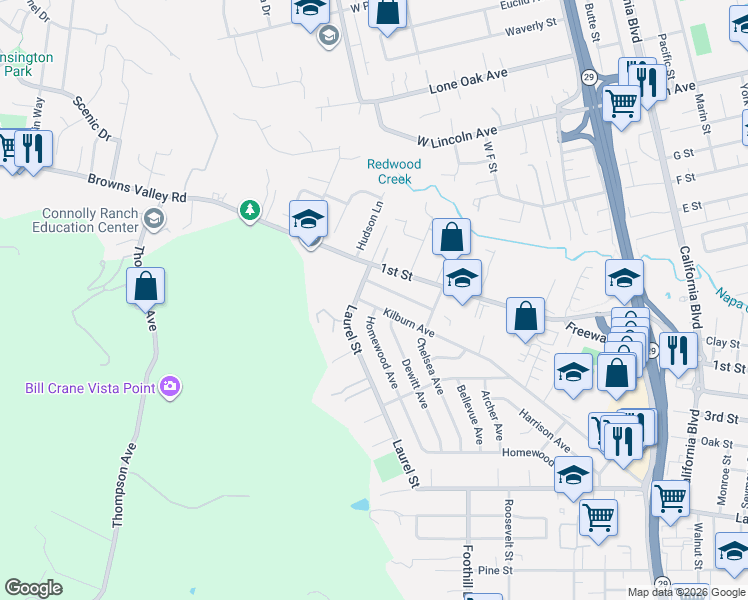 map of restaurants, bars, coffee shops, grocery stores, and more near 3260 Laurel Street in Napa