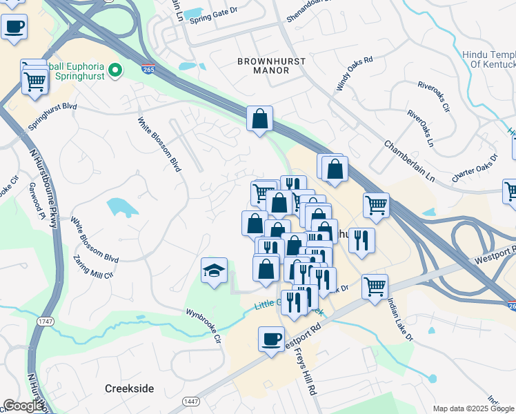 map of restaurants, bars, coffee shops, grocery stores, and more near 4200 Springbourne Way in Louisville