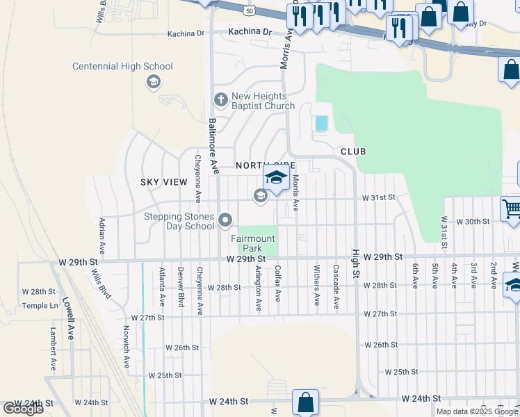 map of restaurants, bars, coffee shops, grocery stores, and more near 1900 West 31st Street in Pueblo