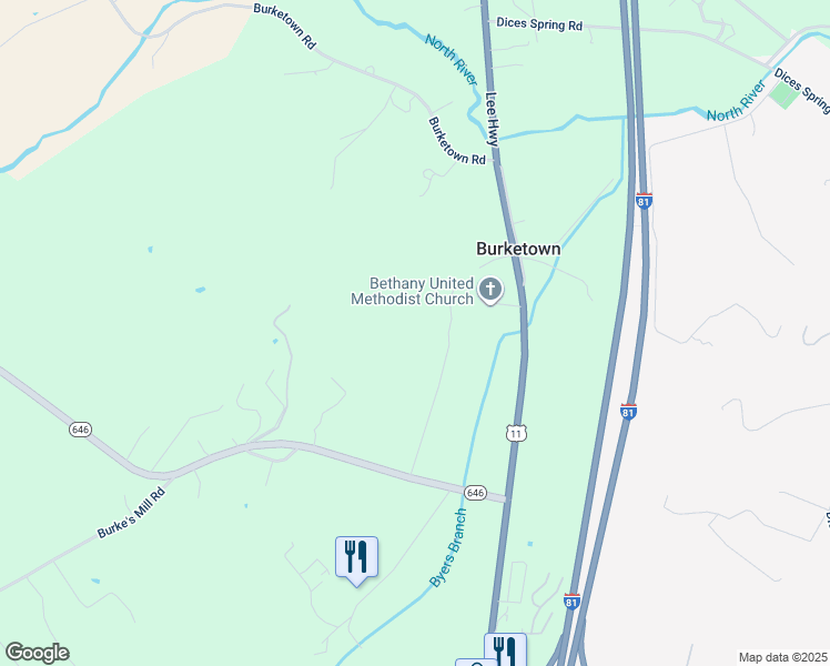 map of restaurants, bars, coffee shops, grocery stores, and more near 34 Burketown Road in Weyers Cave