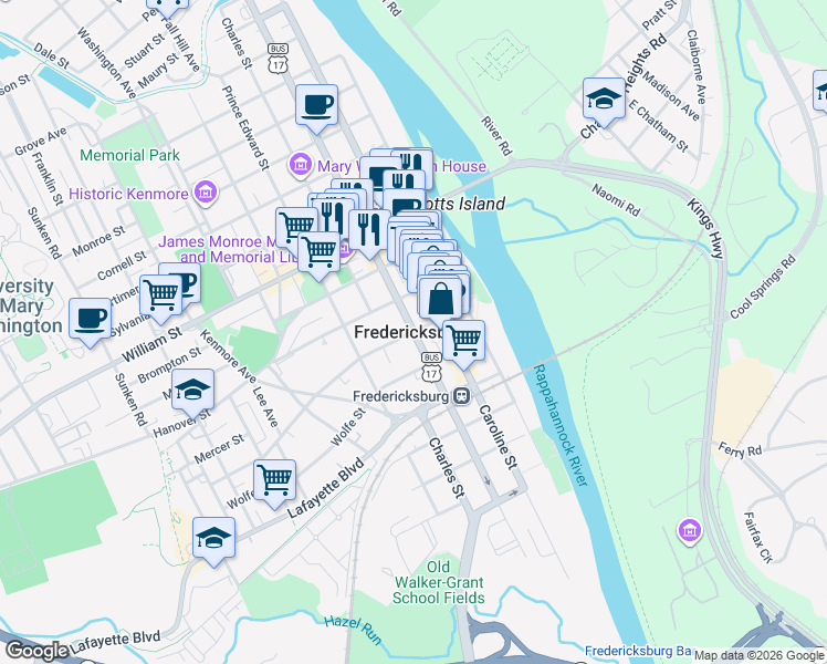 map of restaurants, bars, coffee shops, grocery stores, and more near in Fredericksburg