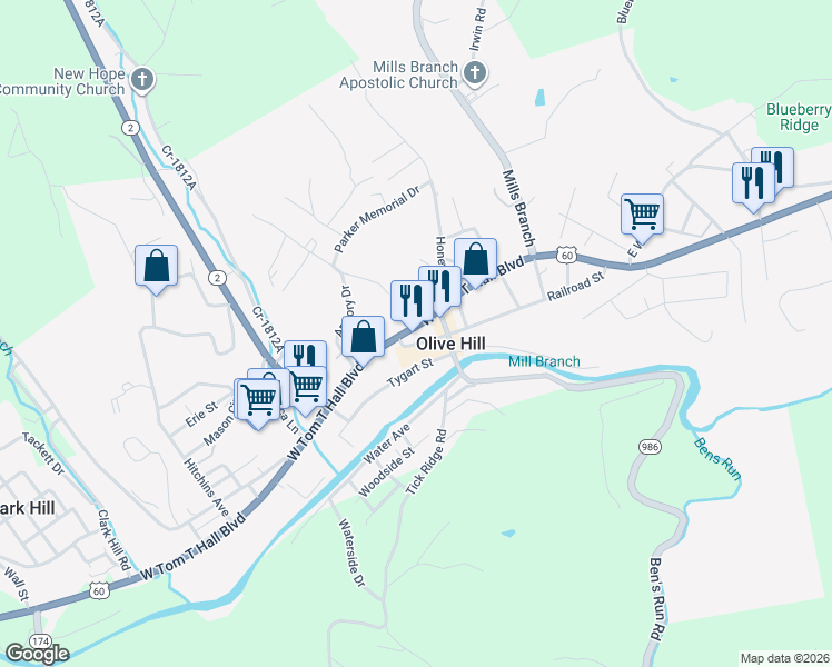 map of restaurants, bars, coffee shops, grocery stores, and more near 185 West Tom T Hall Boulevard in Olive Hill