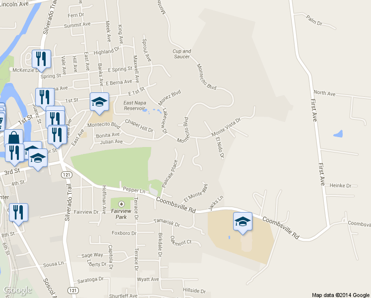 map of restaurants, bars, coffee shops, grocery stores, and more near 463 Montecito Boulevard in Napa