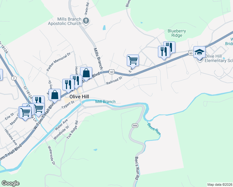 map of restaurants, bars, coffee shops, grocery stores, and more near 416-498 Jordan Court in Olive Hill