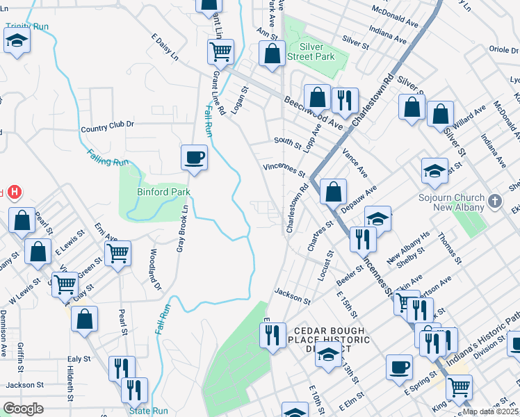 map of restaurants, bars, coffee shops, grocery stores, and more near 1509 Grant Line Road in New Albany