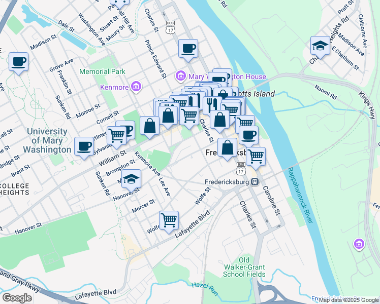 map of restaurants, bars, coffee shops, grocery stores, and more near 505 Hanover Street in Fredericksburg