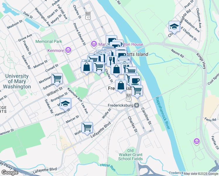 map of restaurants, bars, coffee shops, grocery stores, and more near 406 Hanover Street in Fredericksburg