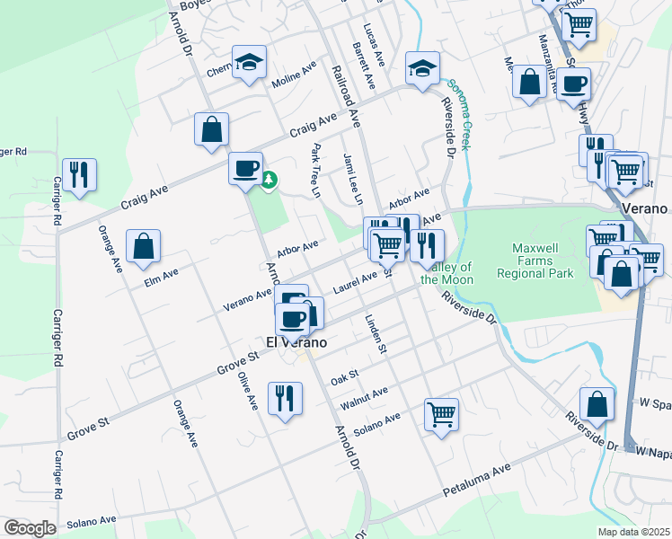 map of restaurants, bars, coffee shops, grocery stores, and more near 827 Verano Avenue in Sonoma