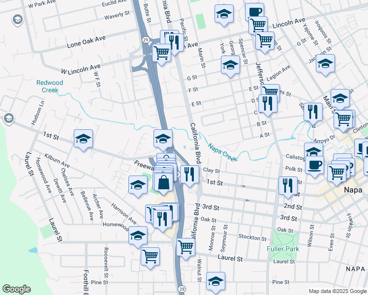 map of restaurants, bars, coffee shops, grocery stores, and more near 1075 California Boulevard in Napa