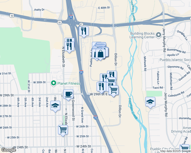 map of restaurants, bars, coffee shops, grocery stores, and more near 3201 Dillon Drive in Pueblo
