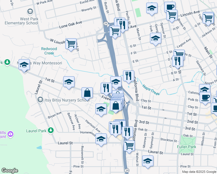 map of restaurants, bars, coffee shops, grocery stores, and more near 2590 1st Street in Napa