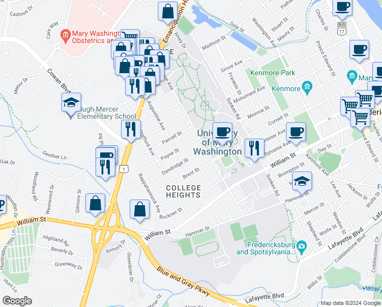 map of restaurants, bars, coffee shops, grocery stores, and more near 1221 Dandridge Street in Fredericksburg